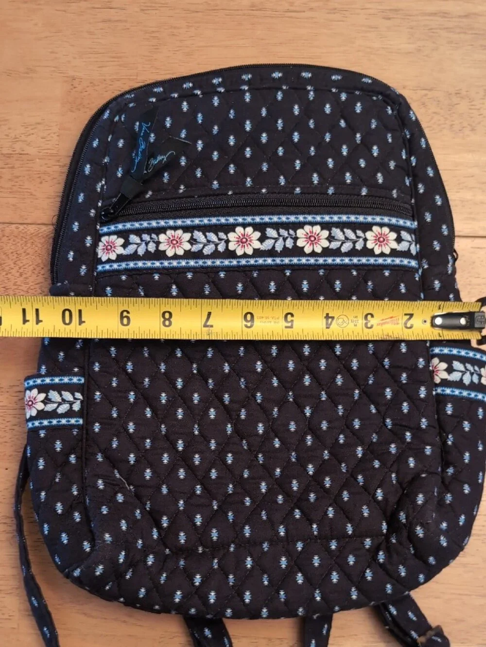 Vera Bradley Black Quilted Backpack with Blue and Cream Floral Trim